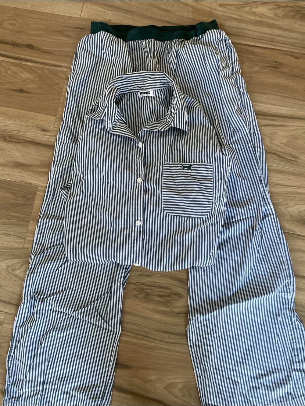 Victoria's Secret Blue and White Stripe Pajama Set with green logo and waistband